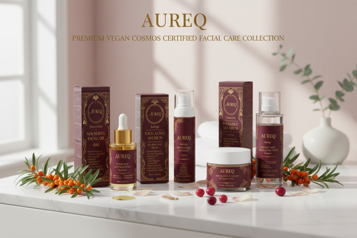 Alt Tag: AUREQ Face Care natural vegan facial care collection with COSMOS certified serums, peptide treatment and hyaluronic acid cream