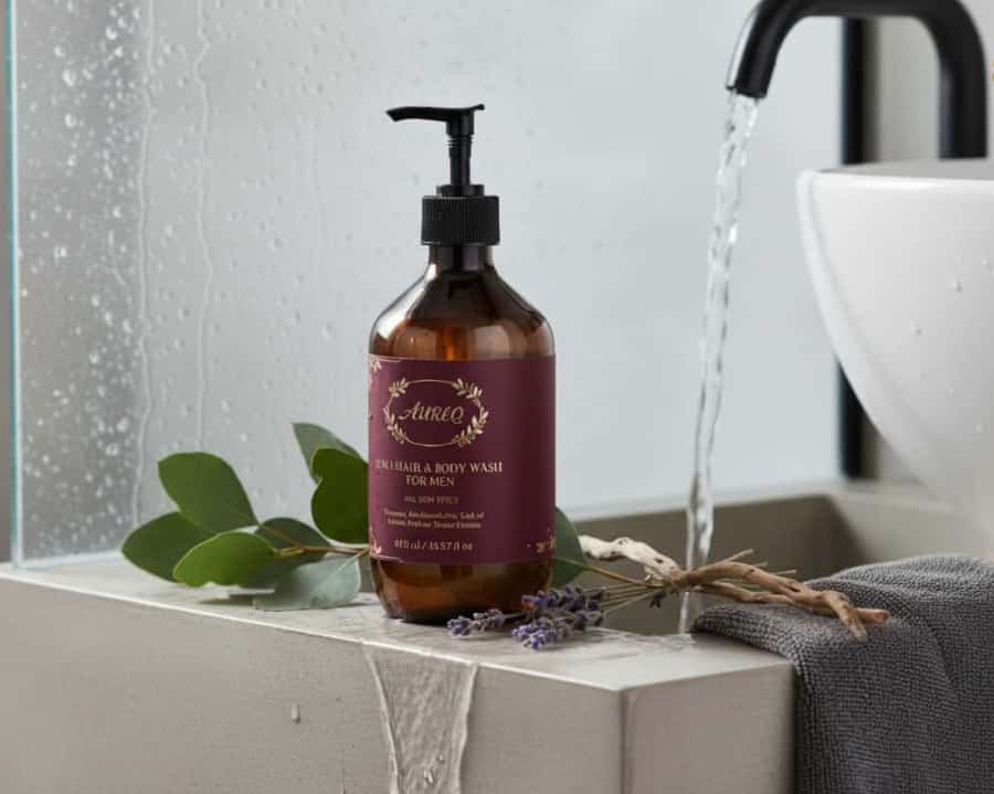 2-in-1 Hair & Body Wash for men bottle by sink with running water, natural men’s cleanser for shower hair and body