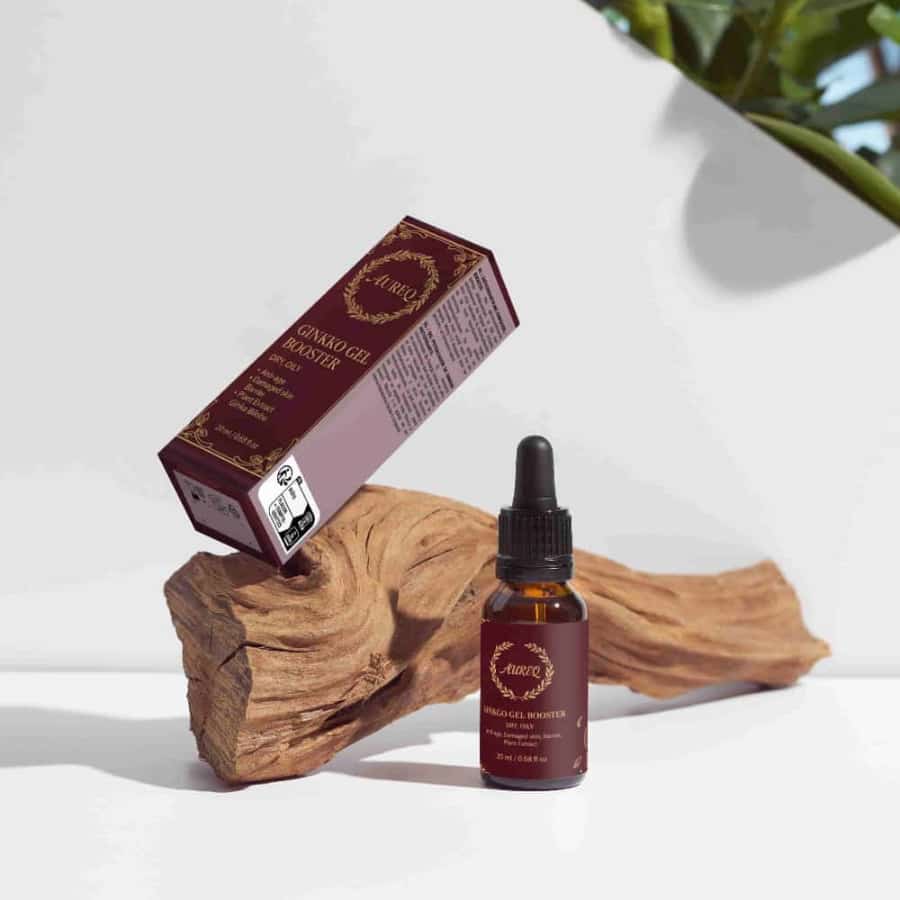 antioxidant ginkgo gel booster serum bottle and box on wood display, lightweight oil-free botanical antioxidant skincare