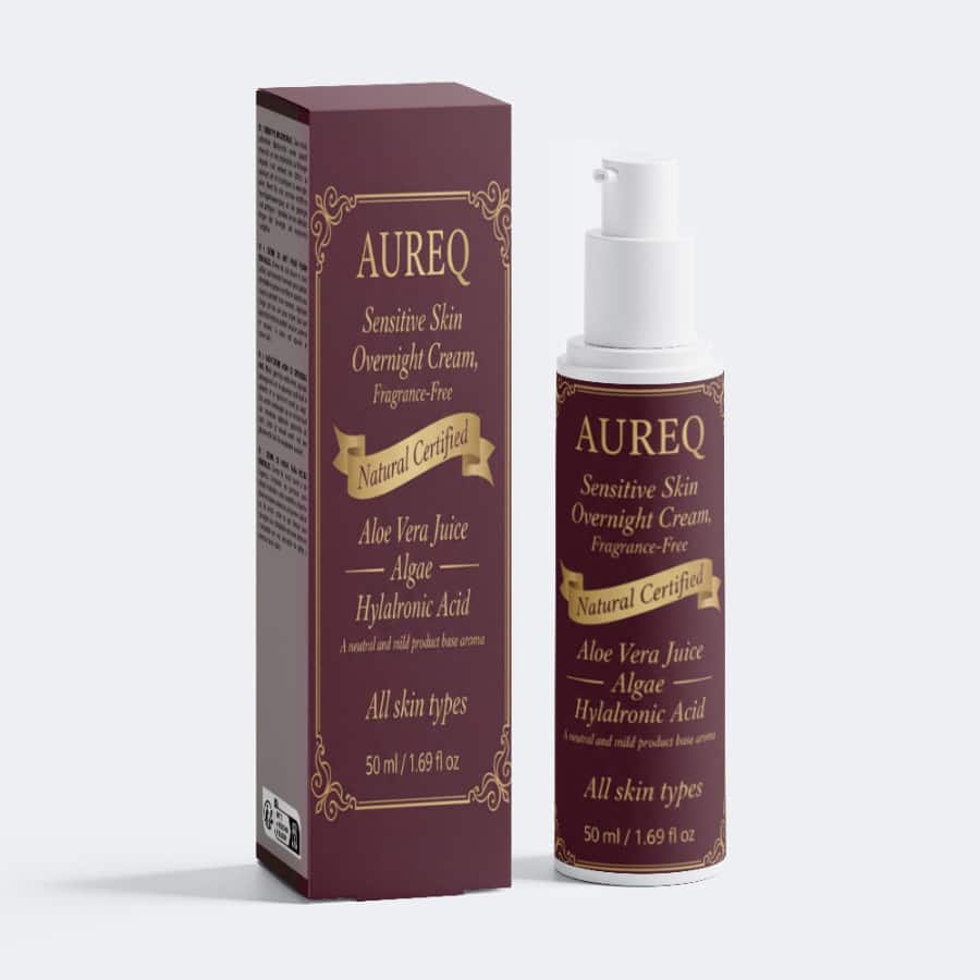 sensitive skin ouvernight cream AUREQ fragrance-free hypoallergenic night moisturizer pump bottle and box for barrier repair hydration