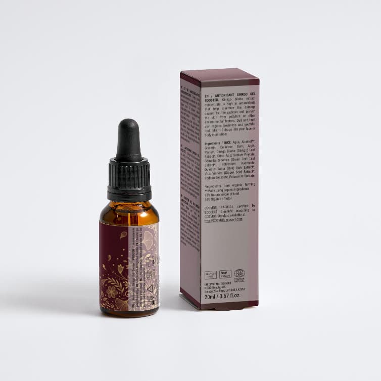 antioxidant ginkgo gel booster dropper bottle and box, COSMOS Natural botanical antioxidant skincare serum