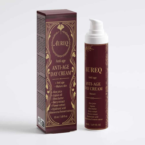 anti-age day cream AUREQ 50 ml bottle and box COSMOS Natural anti-aging moisturizer with hyaluronic acid and marine actives