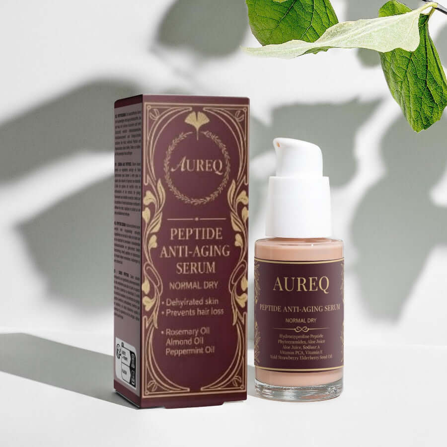 peptide anti-aging serum AUREQ bottle and box with pump dispenser, COSMOS Natural skincare for firming and smoothing fine lines