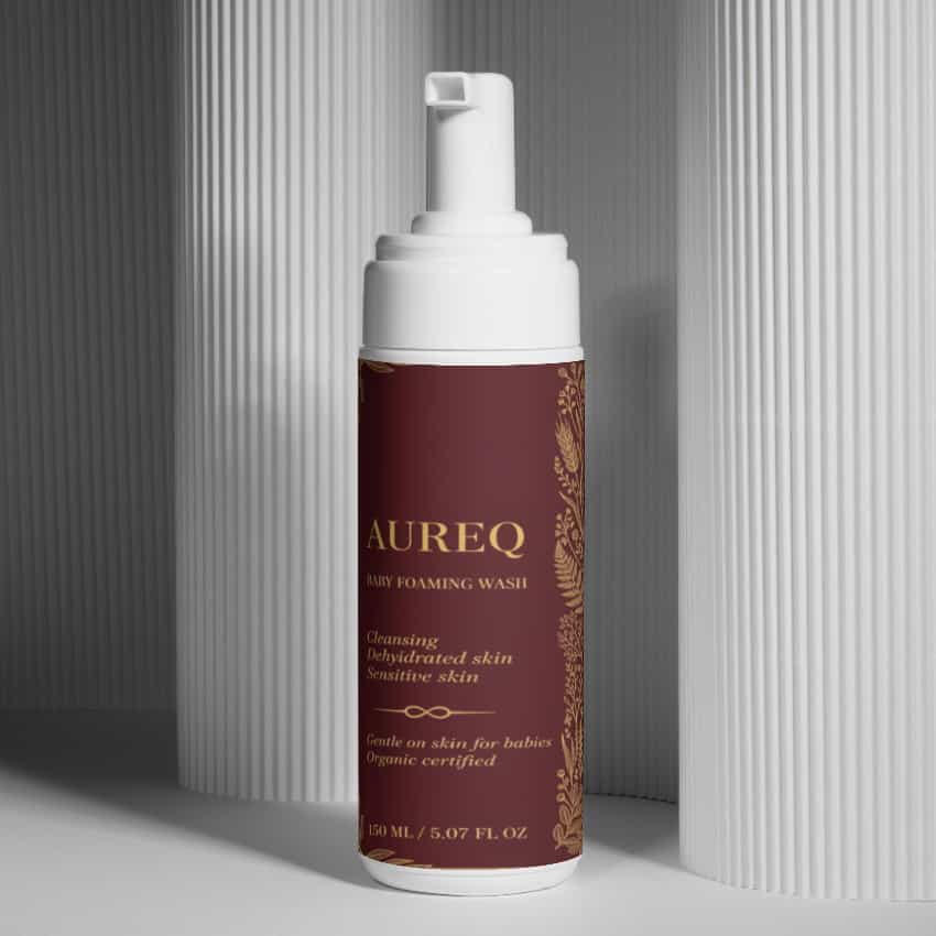 baby body foaming wash by AUREQ COSMOS Natural certified gentle cleanser with organic aloe for newborn and sensitive skin