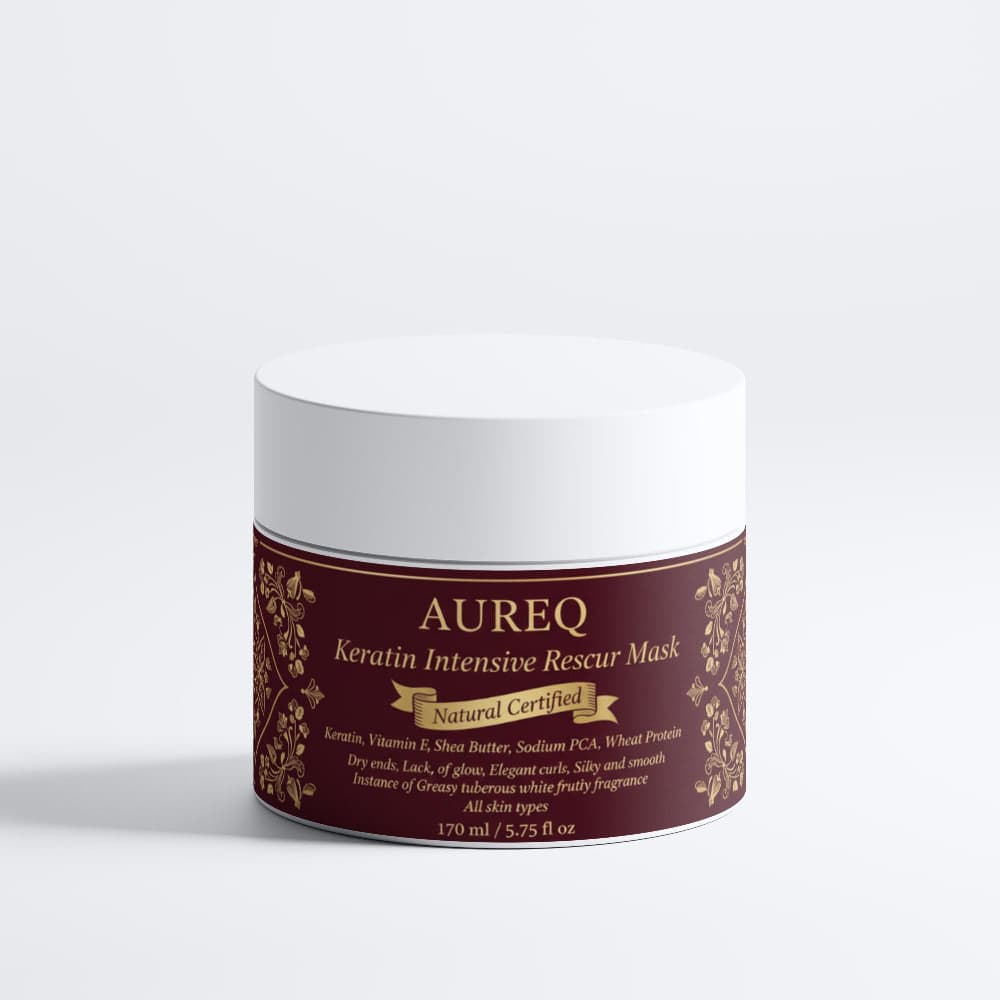 keratin intensive rescure hair mask AUREQ jar, intensive repair treatment with hydrolyzed keratin for strength, silkiness, shine