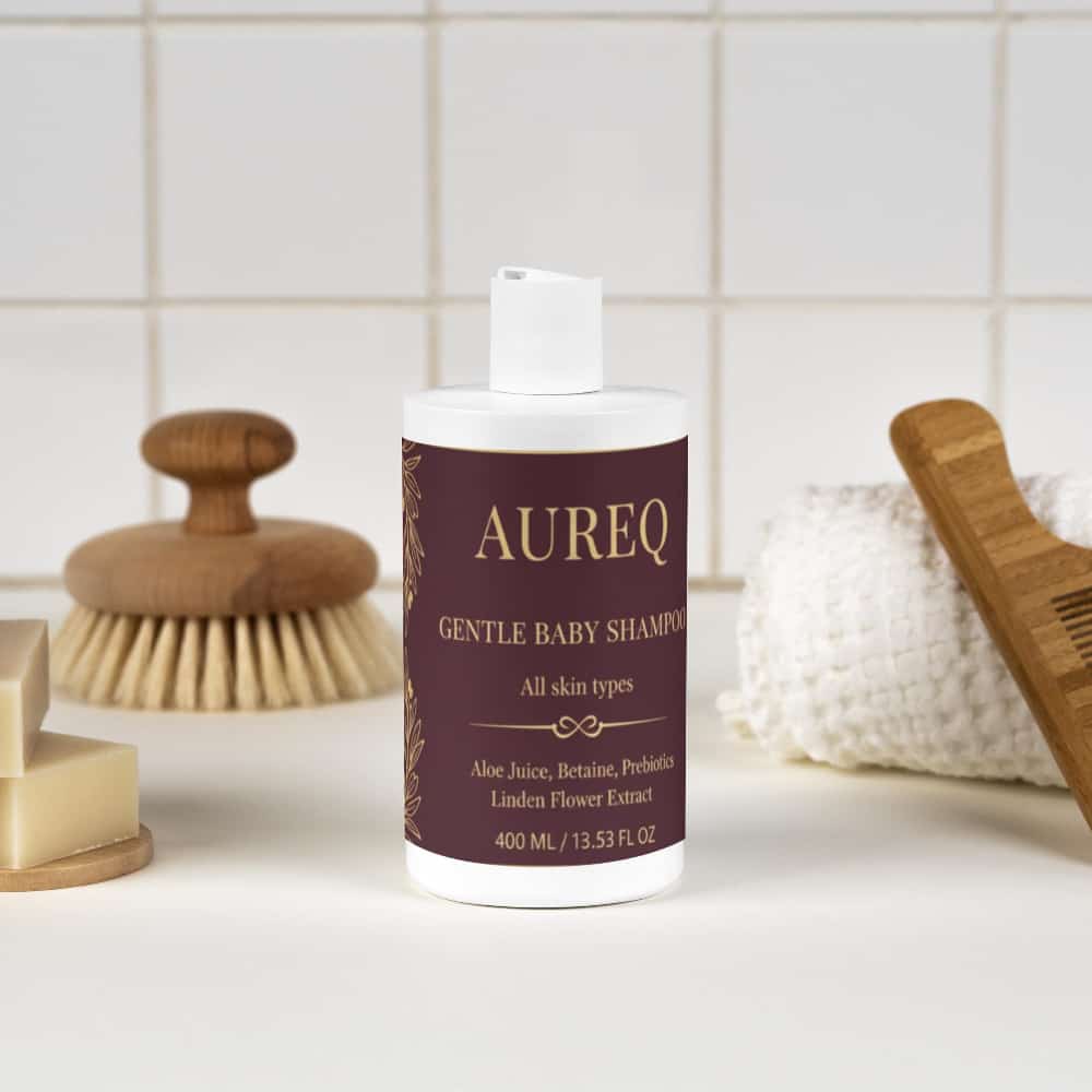 gentle baby shampoo by AUREQ tear-free baby body wash with organic aloe and prebiotics, COSMOS Natural certified, 400 ml bottle