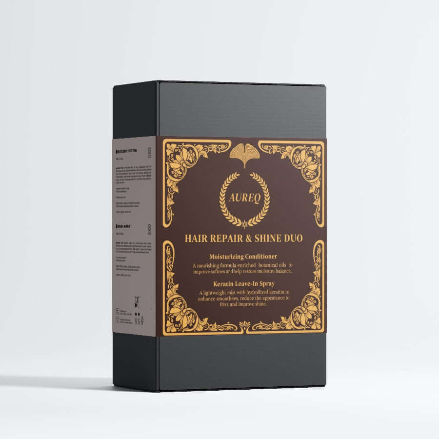 AUREQ Hair Repair & Shine Duo gift box set for hair repair, moisturizing conditioner and keratin leave-in spray