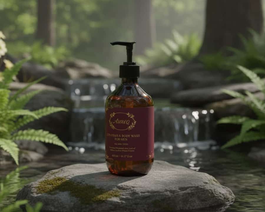 2-in-1 Hair & Body Wash for men pump bottle on rock by waterfall, COSMOS Natural certified wash with wheat protein and plant-based cleansers