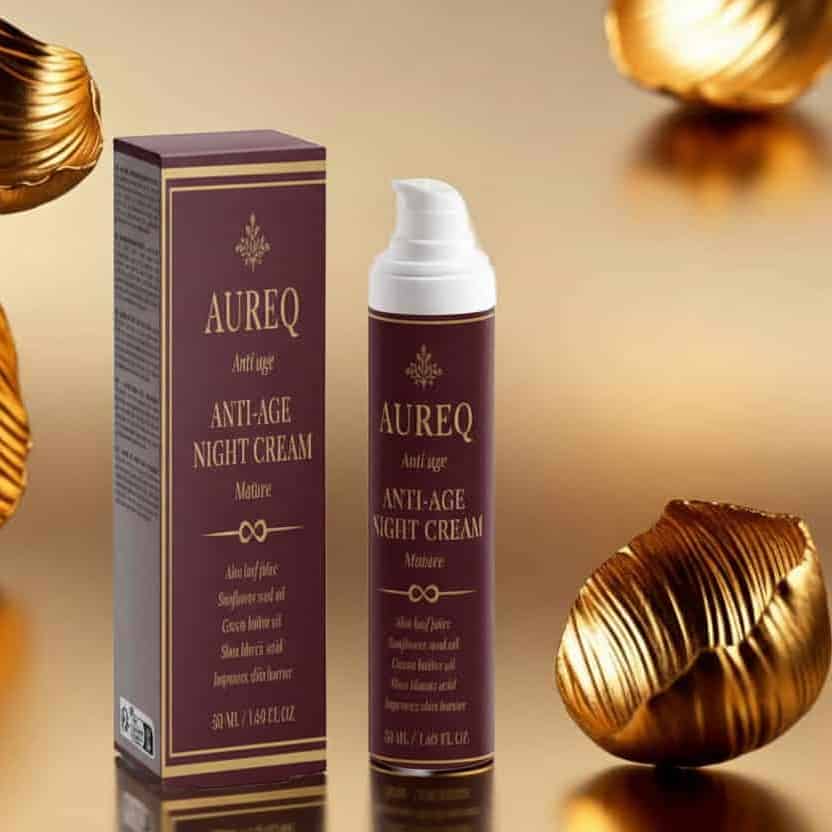 collogen anti-age night cream AUREQ Anti-Age Night Cream bottle and box COSMOS Natural certified overnight renewal moisturizer