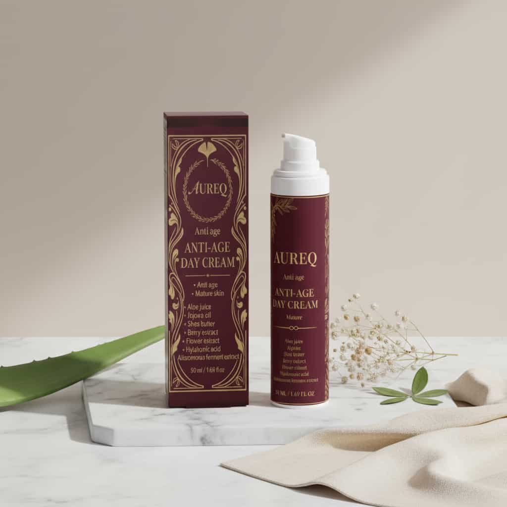 anti-ageing performance duo AUREQ anti-age day cream and peptide serum set, COSMOS Natural certified, smoothing fine lines and firming skin