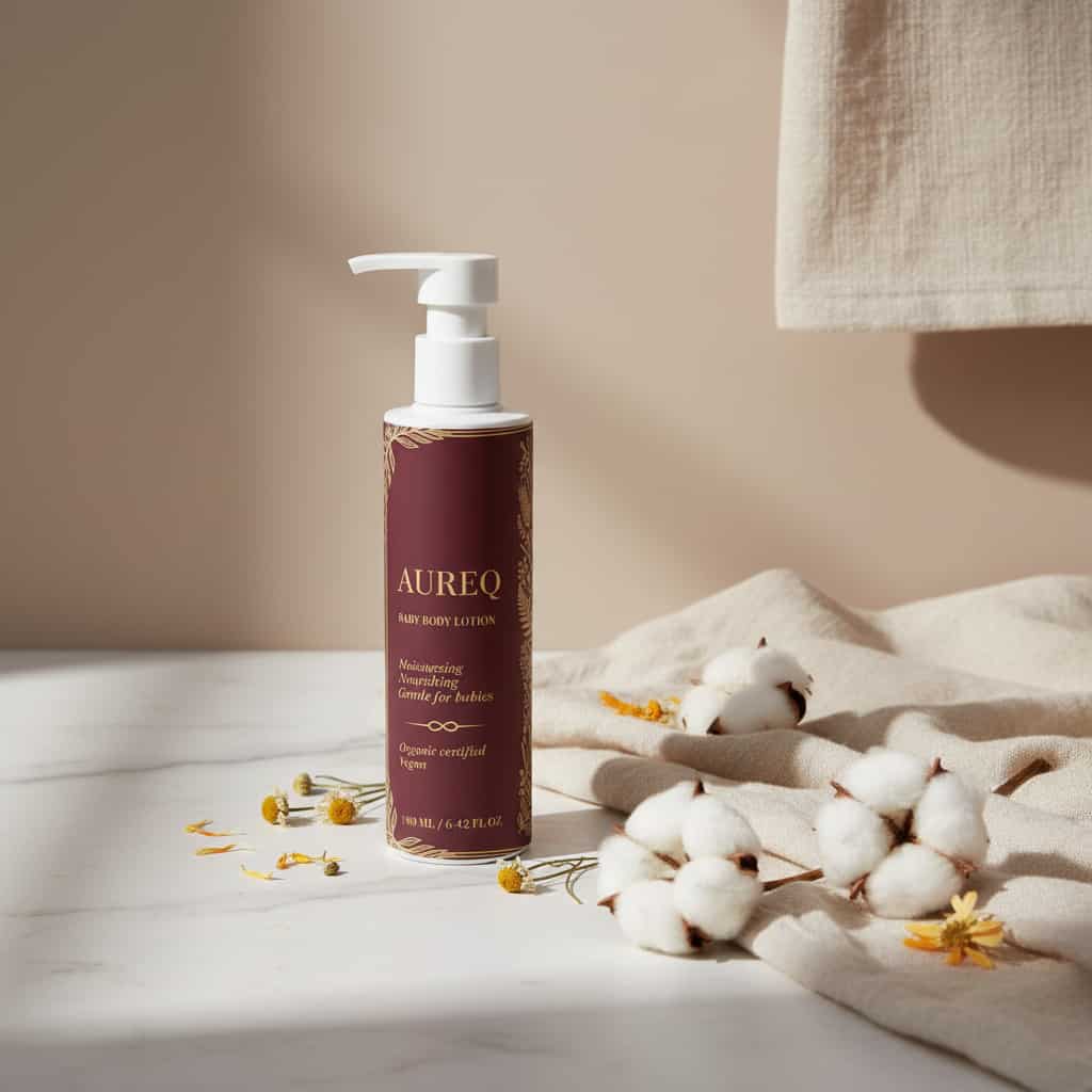 organic baby body lotion AUREQ pump bottle with cotton and chamomile on soft fabric, gentle natural skincare for newborn sensitive skin