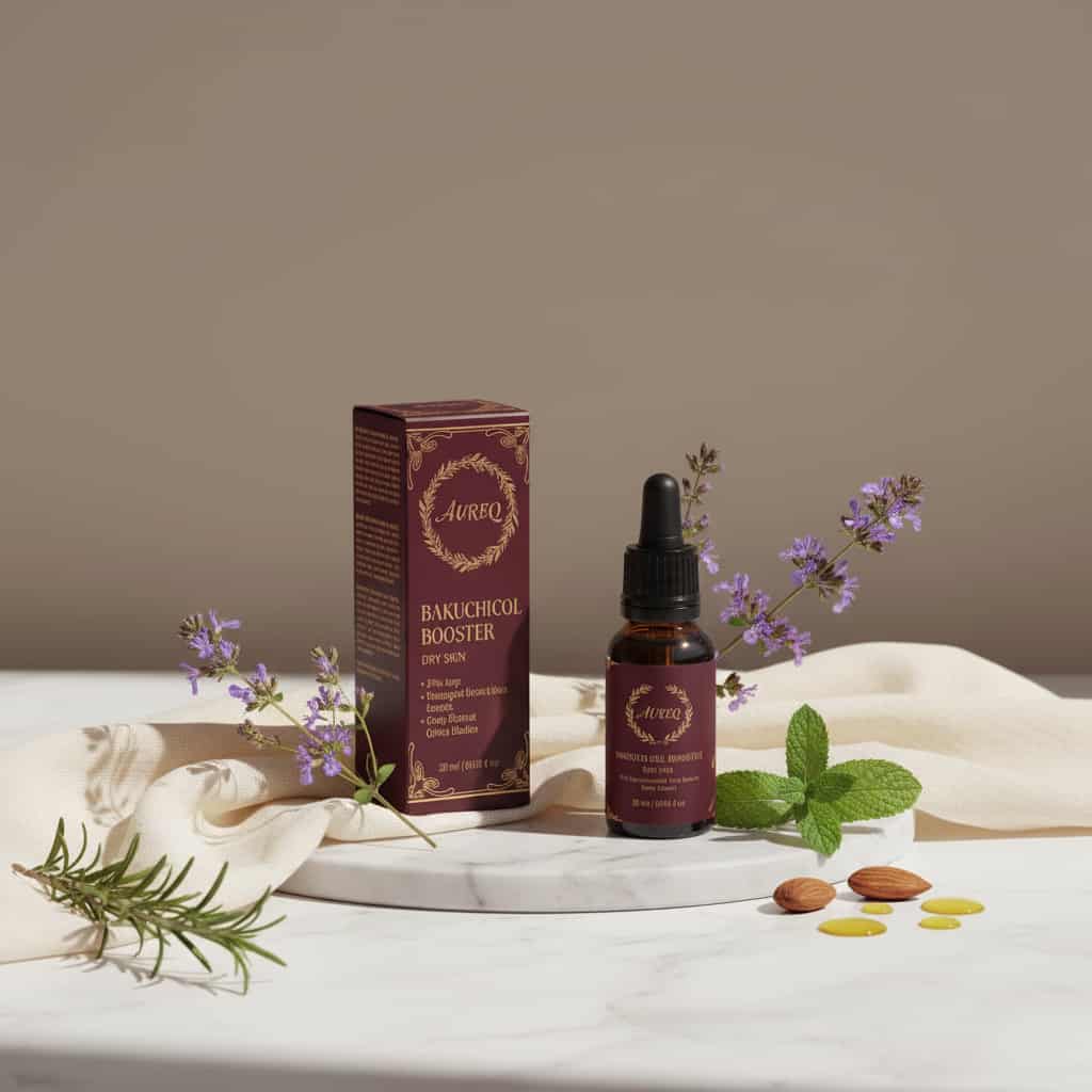 antioxidant ginkgo gel booster serum bottle and box on marble with botanicals, oil drops and almonds, natural antioxidant skincare