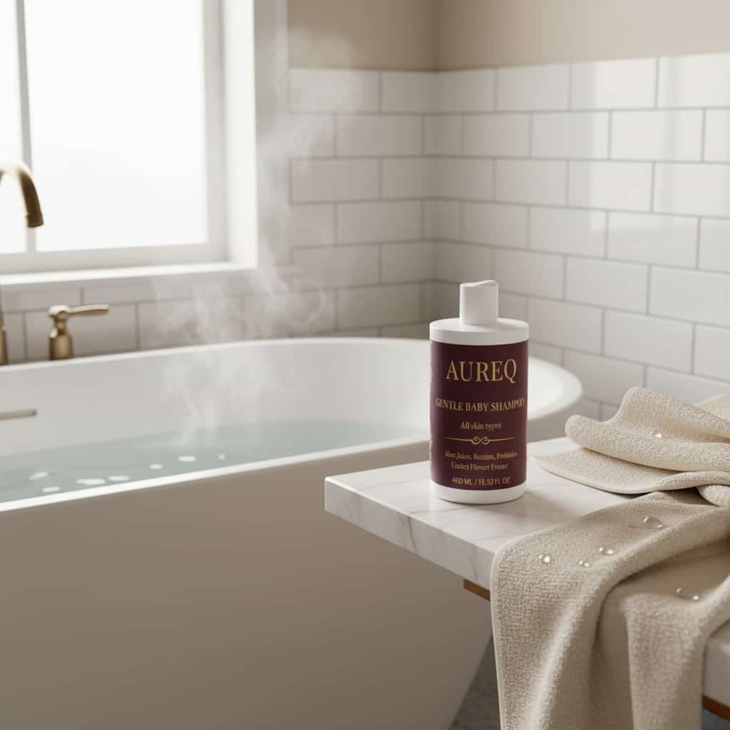 gentle baby shampoo AUREQ bottle by bathtub, tear-free body and hair cleanser with organic aloe and prebiotics