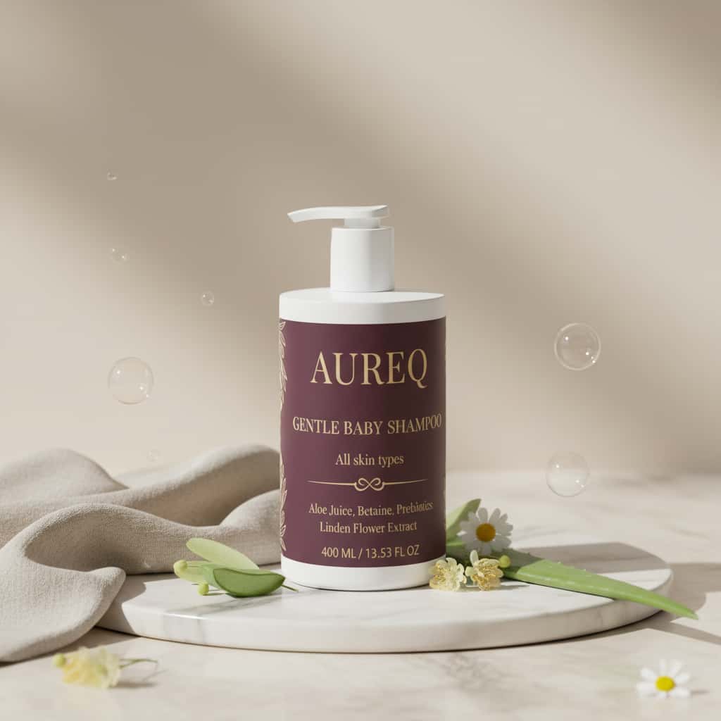 gentle baby shampoo by AUREQ pump bottle, tear-free body and hair wash with organic aloe and prebiotics for sensitive scalp