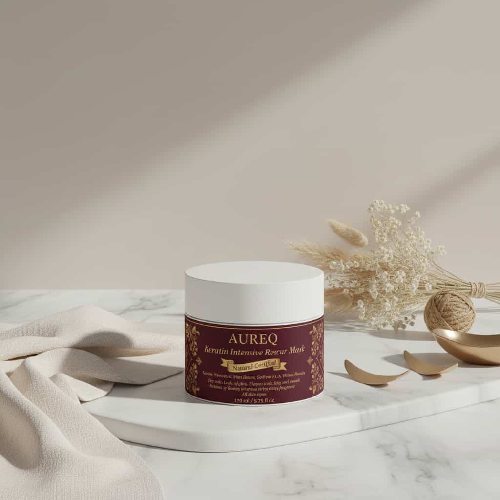 keratin intensive rescure hair mask AUREQ hydrolyzed keratin repair treatment for strength, silky smooth hair and luminous shine