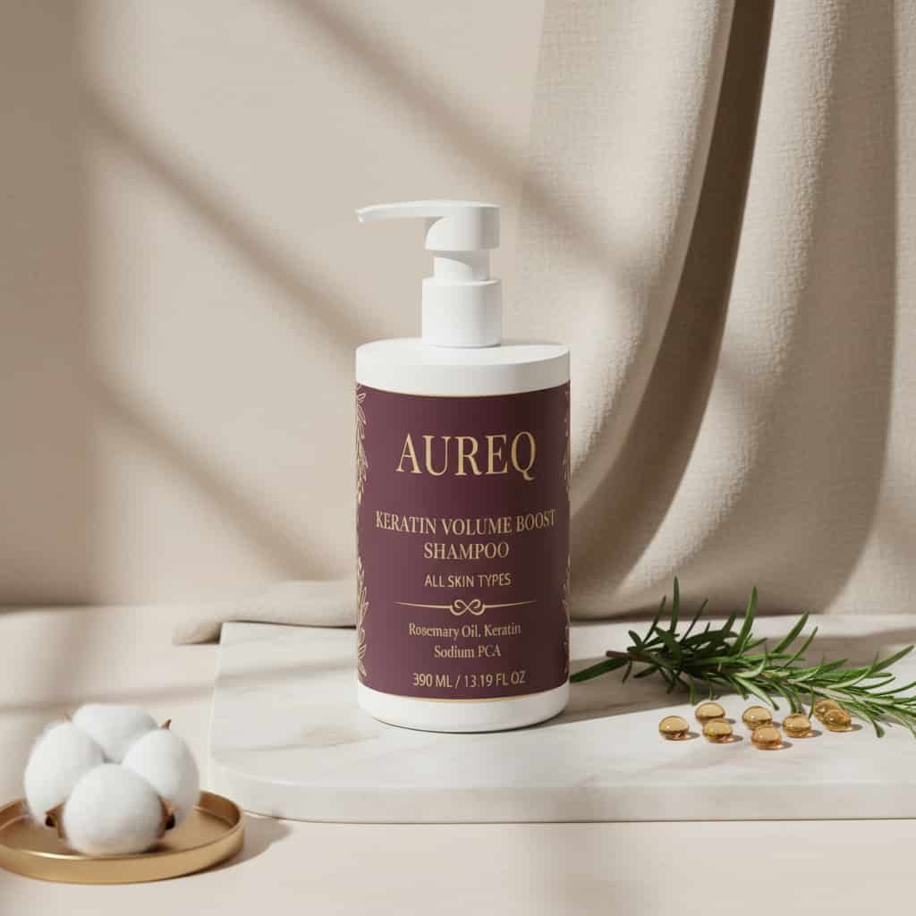 keratin volume boost shampoo AUREQ pump bottle on marble with rosemary sprig and capsules, lightweight volumizing shampoo for fine flat hair