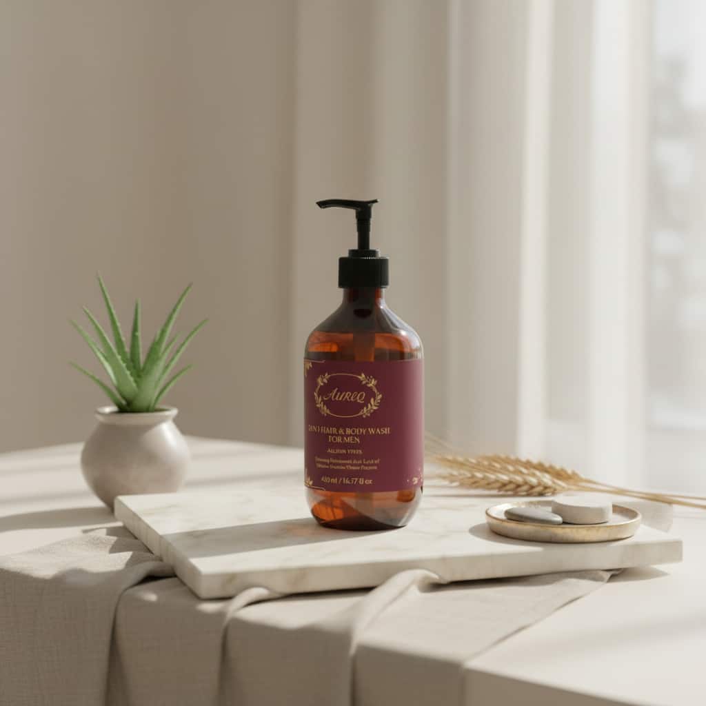 2-in-1 Hair & Body Wash for men pump bottle on bathroom counter, natural multi-use wash with wheat protein and plant-based cleansers