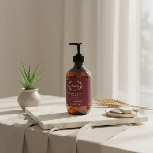 2-in-1 Hair & Body Wash for men pump bottle on bathroom counter, natural multi-use wash with wheat protein and plant-based cleansers