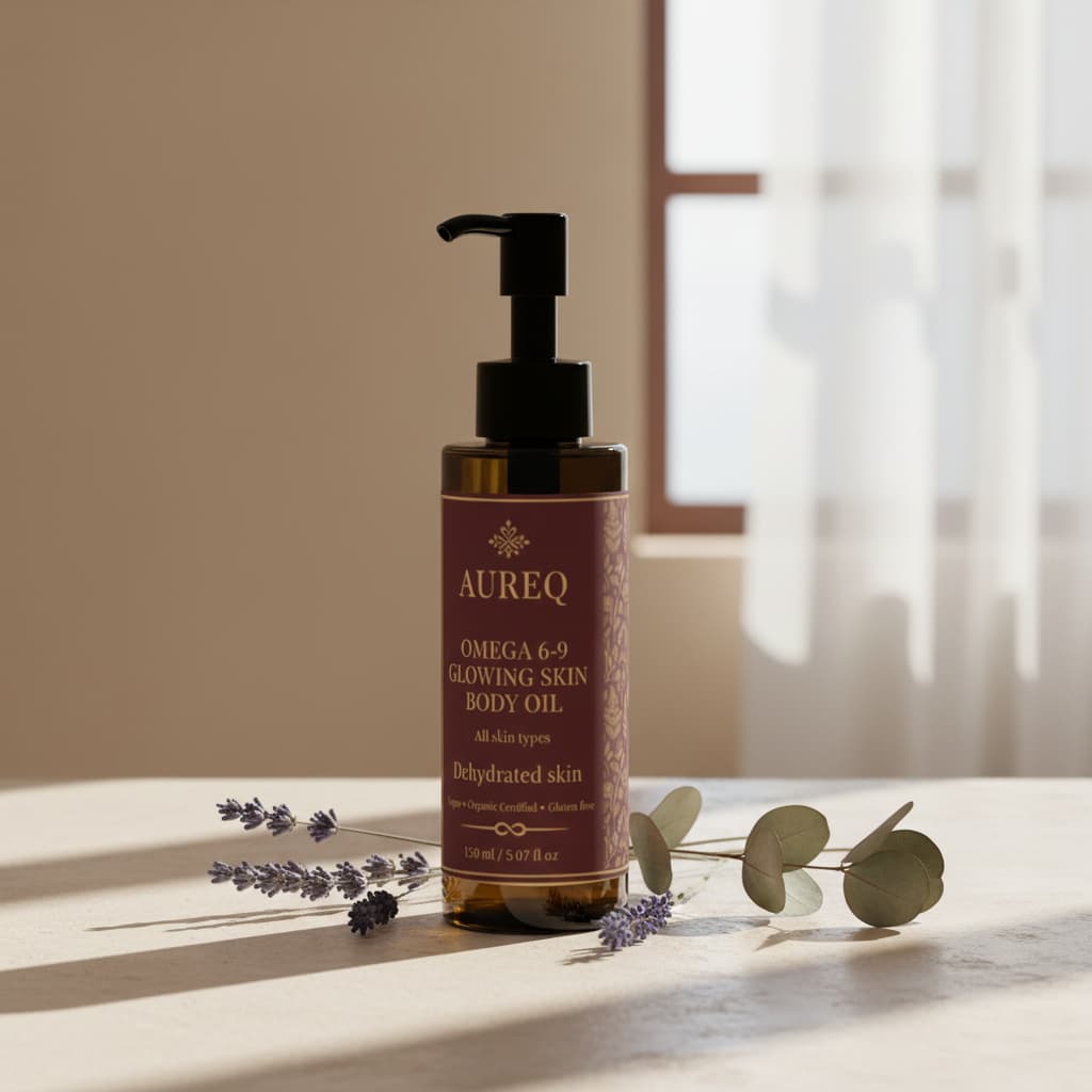 AUREQ omega 6-9 glowing skin body oil pump bottle, lightweight omega-rich botanical body oil for hydrated, glowing skin