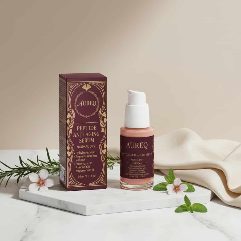 peptide anti-aging serum AUREQ bottle and box on marble tray with flowers, COSMOS Natural certified firming skincare
