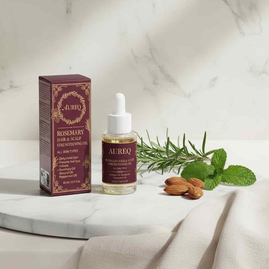 rosemary hair oil AUREQ COSMOS scalp strengthening 30ml dropper bottle with rosemary, mint leaves and almonds on marble