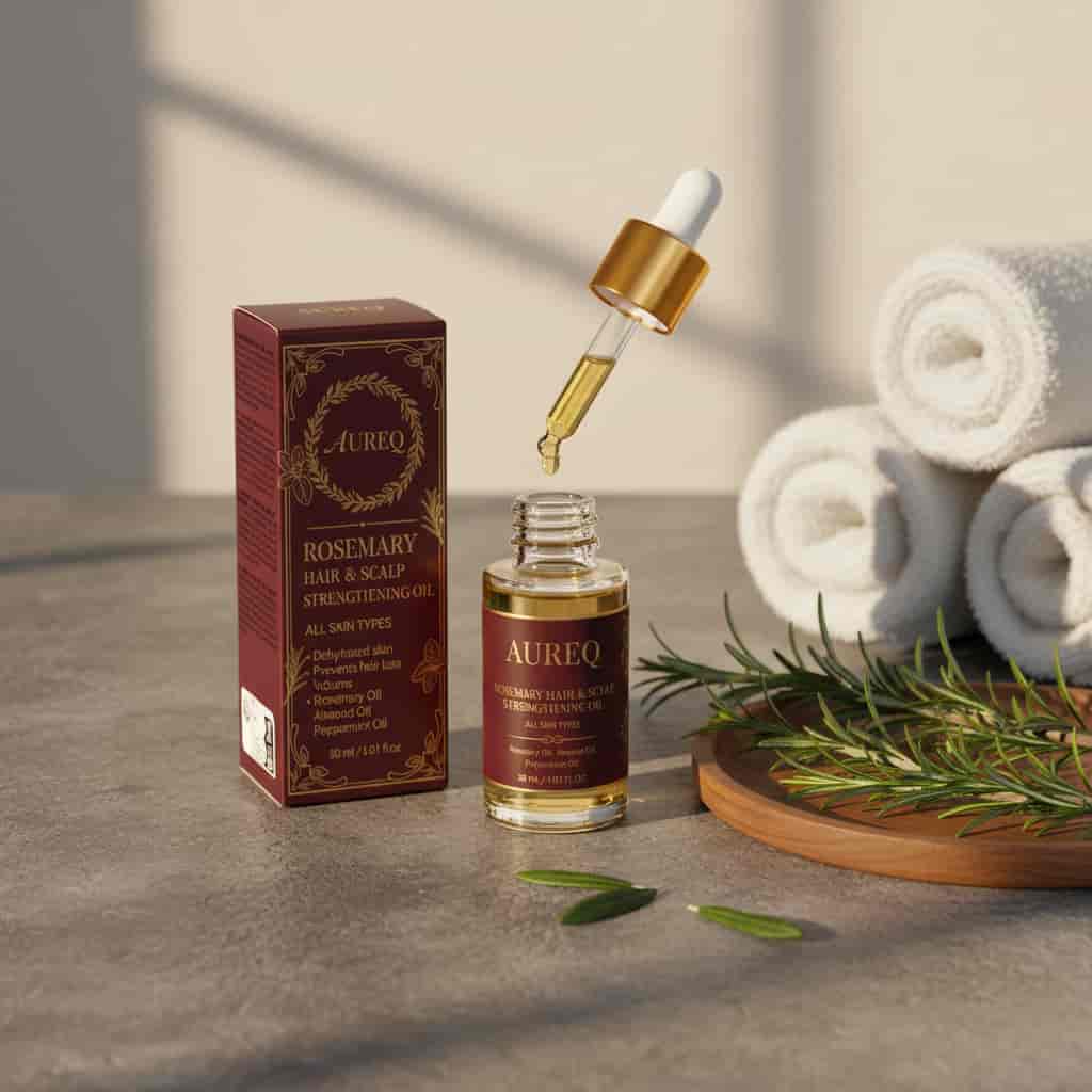 rosemary hair oil AUREQ COSMOS scalp strengthening 30ml bottle with dropper, box packaging, and fresh rosemary sprigs