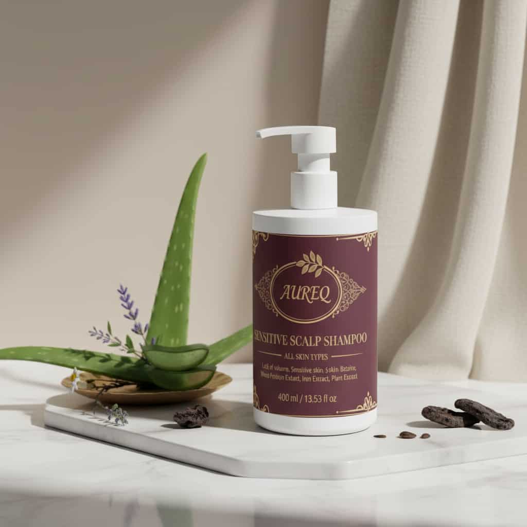 sensitive scalp shampoo AUREQ COSMOS Natural Gentle 400ml pump bottle with aloe vera and lavender on marble surface
