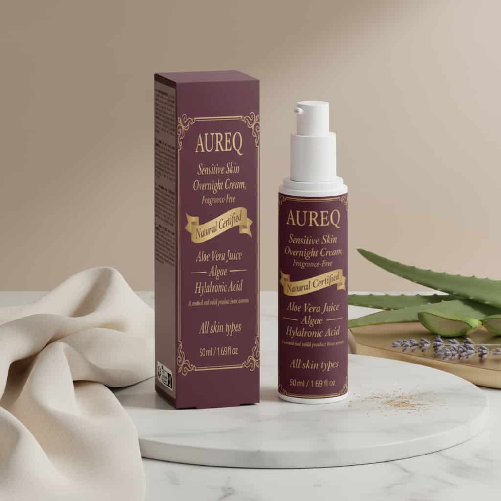 sensitive skin ouvernight cream AUREQ fragrance-free hypoallergenic night moisturizer bottle and box with aloe vera on marble