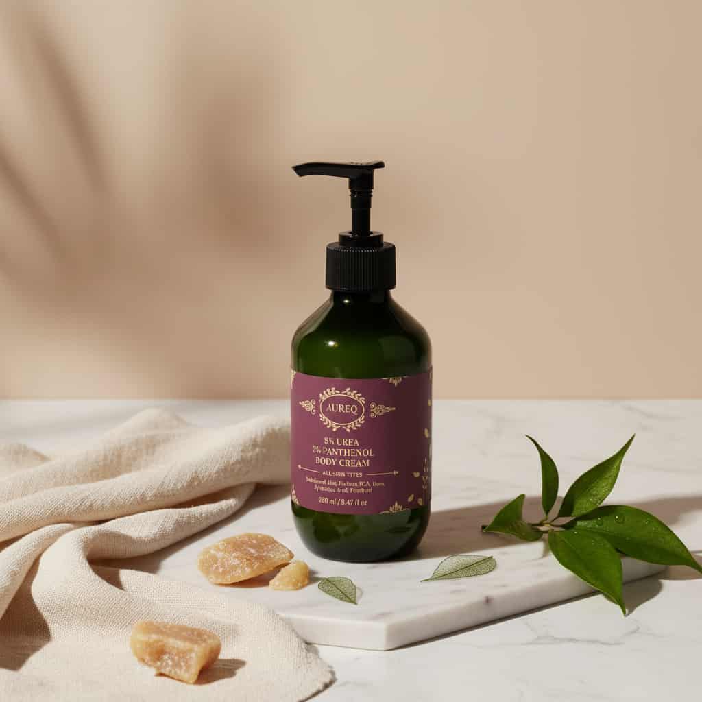 AUREQ 5% Urea Panthenol Body Cream pump bottle on marble tray with leaves and towel, intensive hydrating urea body cream