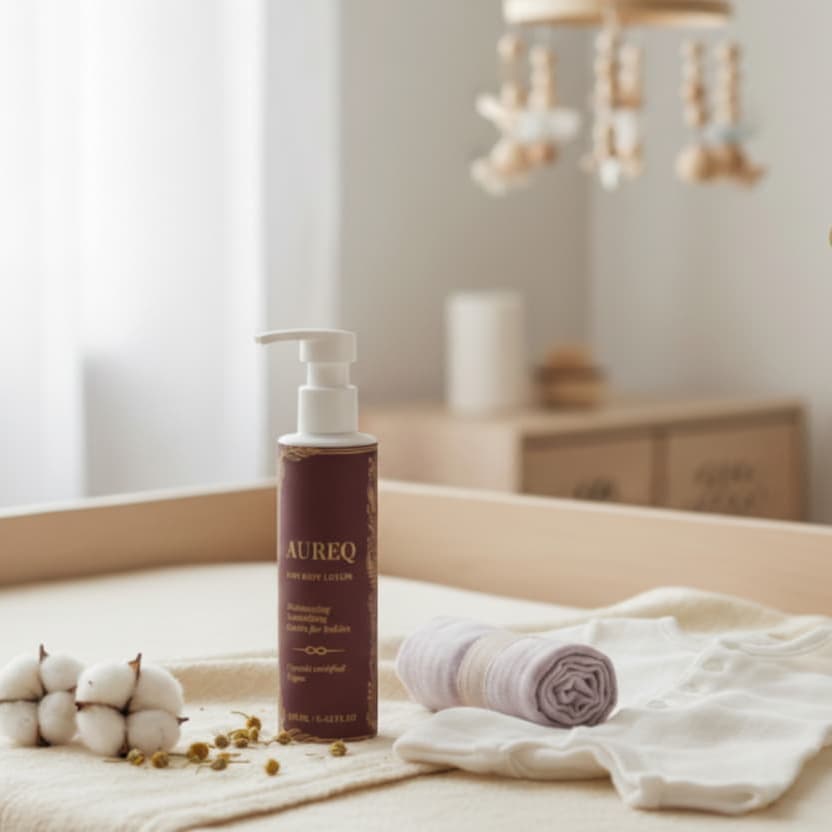 Organic Baby Body Lotion AUREQ pump bottle on nursery changing table with cotton flowers and baby towel