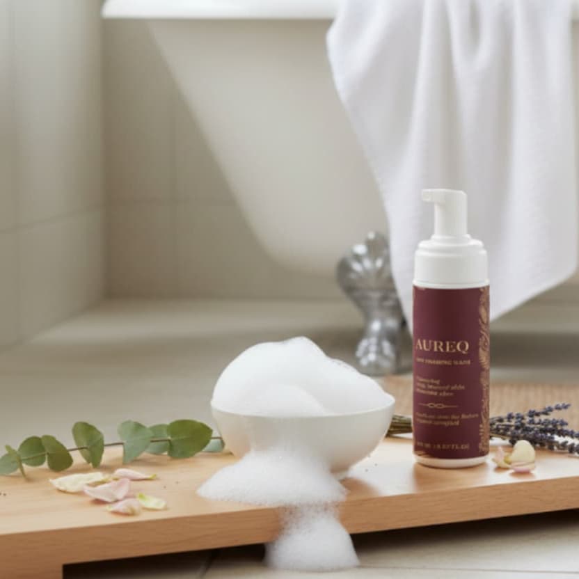 baby body foaming wash by AUREQ COSMOS Natural certified gentle newborn cleanser with organic aloe and prebiotics, bottle by bathtub