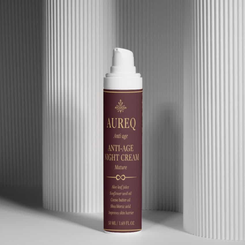 collogen anti-age night cream AUREQ pump bottle COSMOS Natural certified overnight renewal for firmer smoother skin