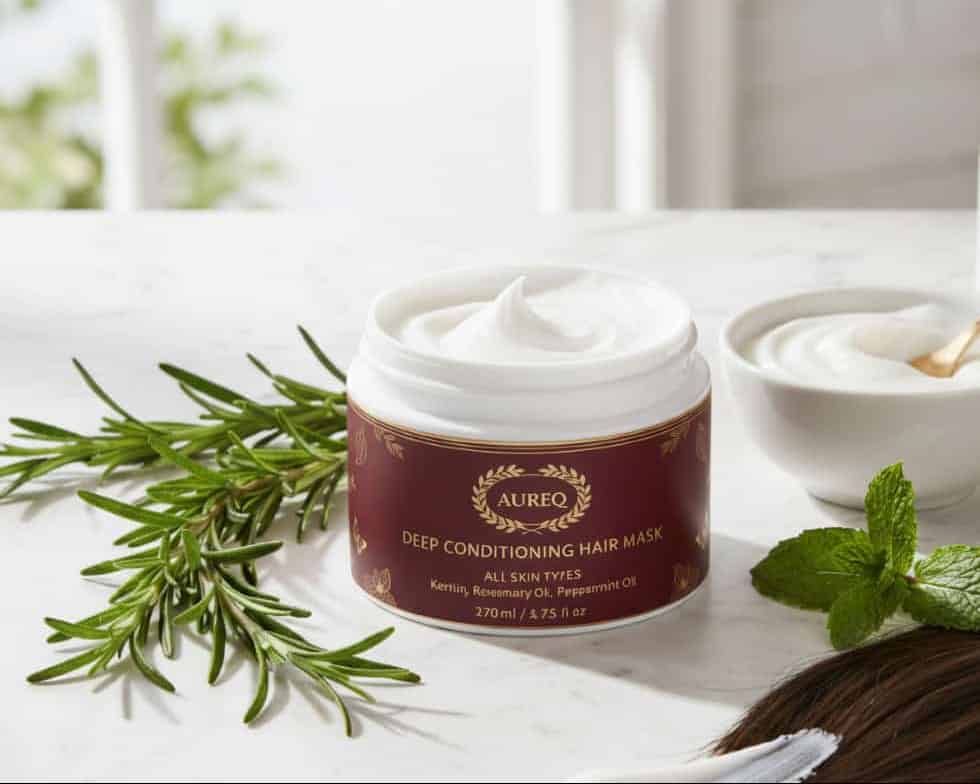 Deep Cleanse Scalp Scrub Rosemary & Mint exfoliating scalp treatment jar with rosemary sprigs and mint leaves