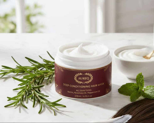 Deep Cleanse Scalp Scrub Rosemary & Mint exfoliating scalp treatment jar with rosemary sprigs and mint leaves