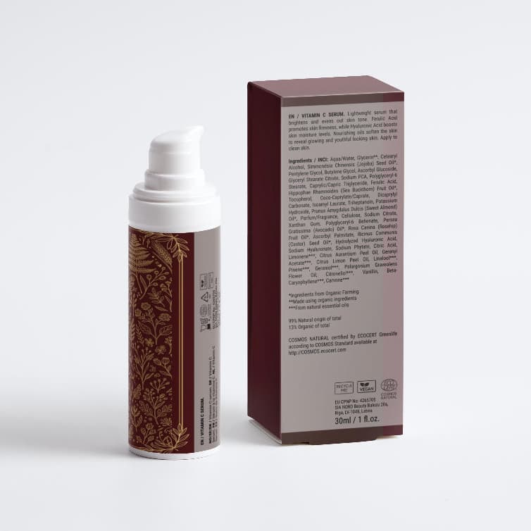 vitamin c serum AUREQ 30 ml bottle and box packaging, COSMOS Natural certified radiance serum with 2% Vitamin C