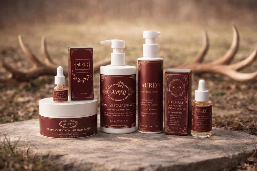 Aureq skincare products on a stone surface with antlers in the background