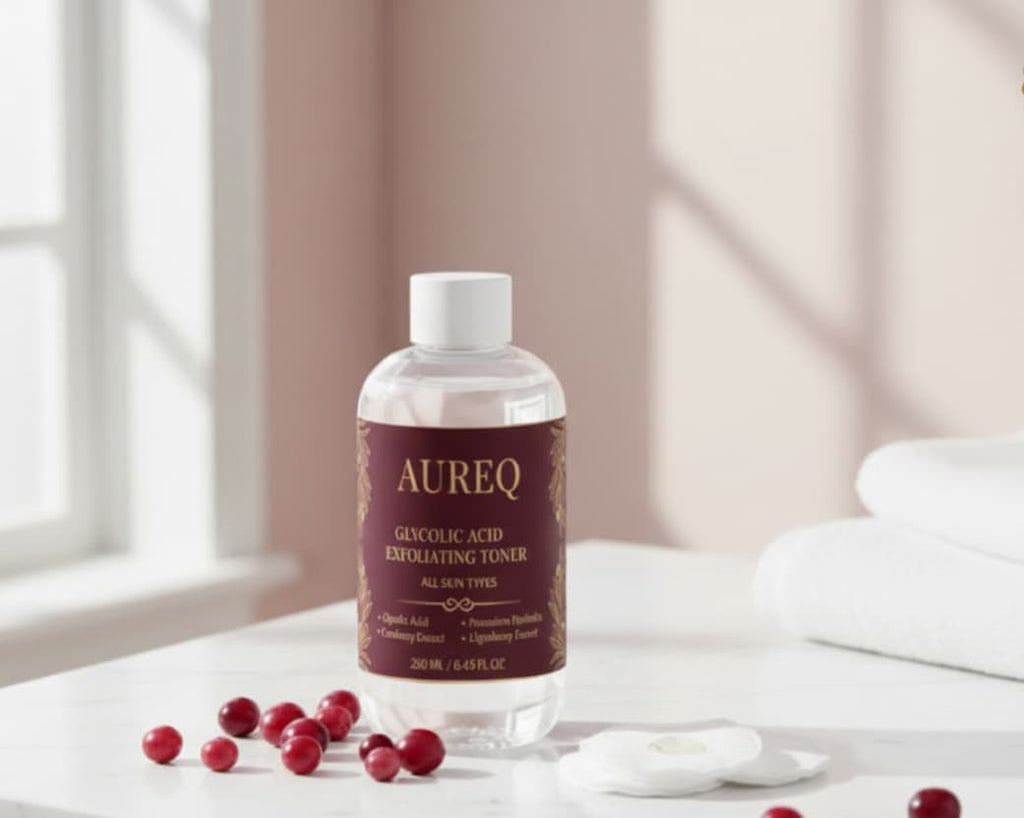 glycolic acid exfoliating toner bottle with 5% glycolic acid and berry extracts on vanity for brighter, smoother skin