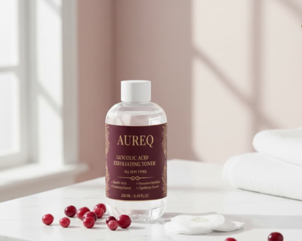 glycolic acid exfoliating toner bottle with 5% glycolic acid and berry extracts on vanity for brighter, smoother skin