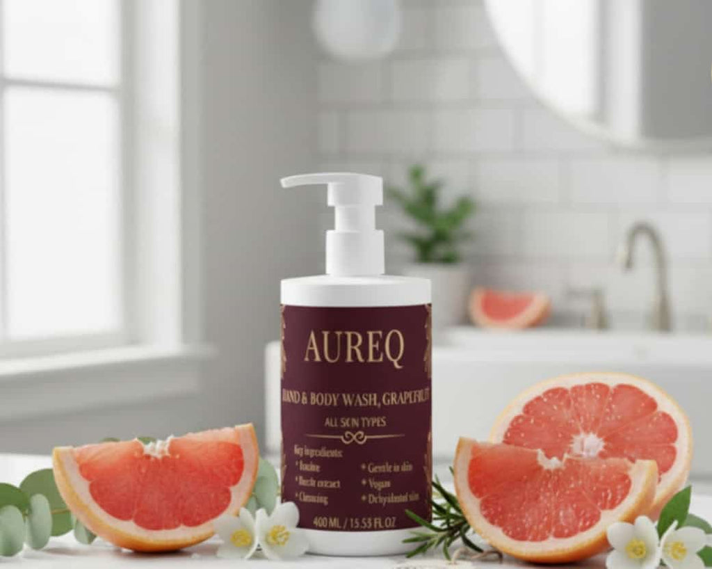 hand & body wash grapefruit AUREQ bottle with grapefruit slices, COSMOS Natural certified gentle cleanse for refreshed radiant skin