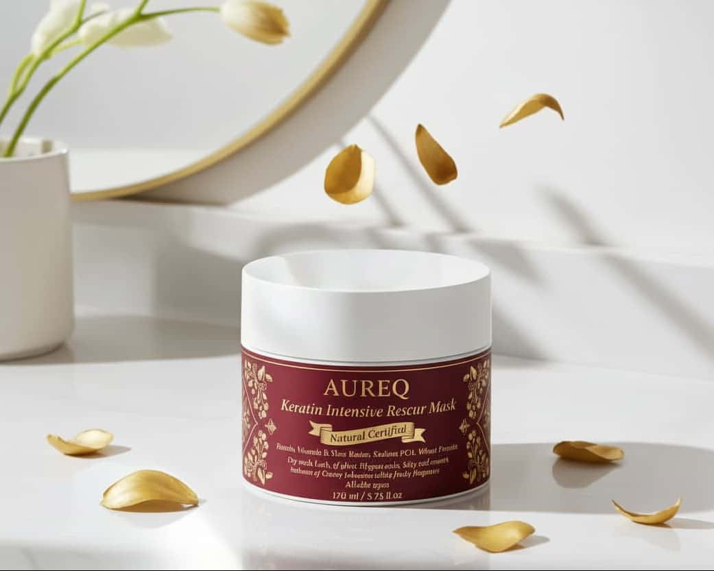 AUREQ keratin intensive rescure hair mask jar, intensive repair treatment for strength, silkiness, and luminous shine