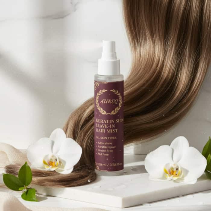 AUREQ Keratin Silk Leave-In Hair Mist with flowing hair and orchids for hair repair and shine, smoothing dry or dull hair