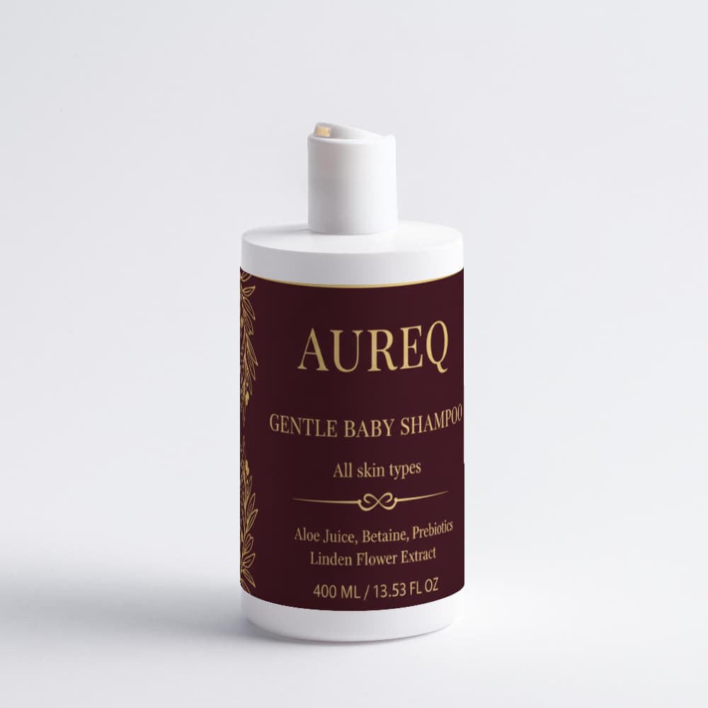 gentle baby shampoo by AUREQ, tear-free baby body wash with organic aloe and prebiotics for sensitive scalp, 400 ml bottle