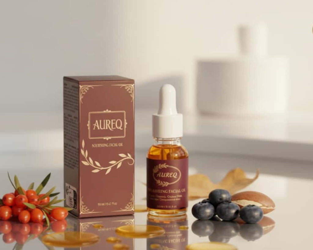 nourishing facial oil 30 ml dropper bottle with AUREQ box, organic botanical oil skincare product on vanity with berries