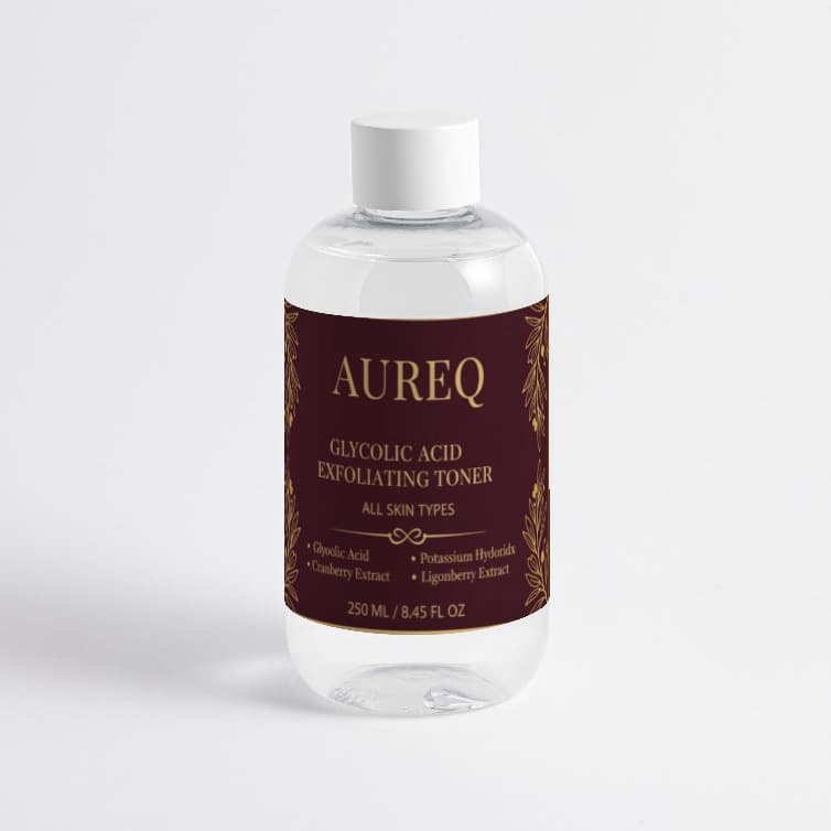glycolic acid exfoliating toner bottle by AUREQ, 250 ml skincare for smoother texture, refined pores, brighter-looking skin