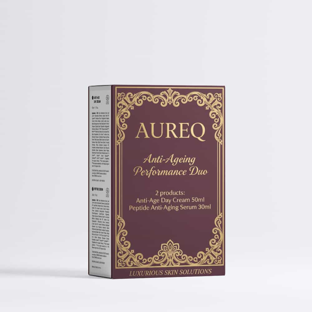 AUREQ anti-ageing performance duo set box featuring anti-age day cream 50ml and peptide anti-ageing serum 30ml