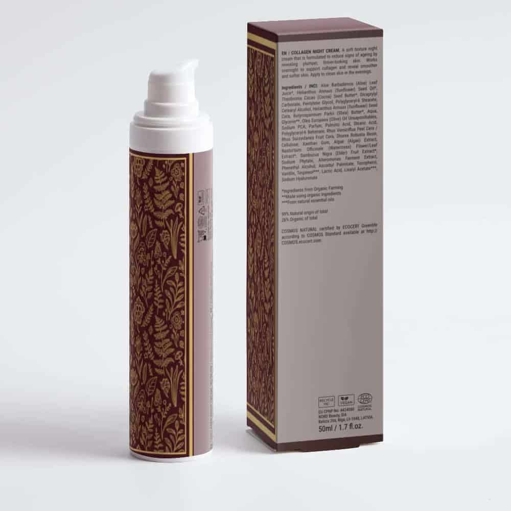 collogen anti-age night cream AUREQ bottle and box packaging, COSMOS Natural certified overnight firming moisturizer