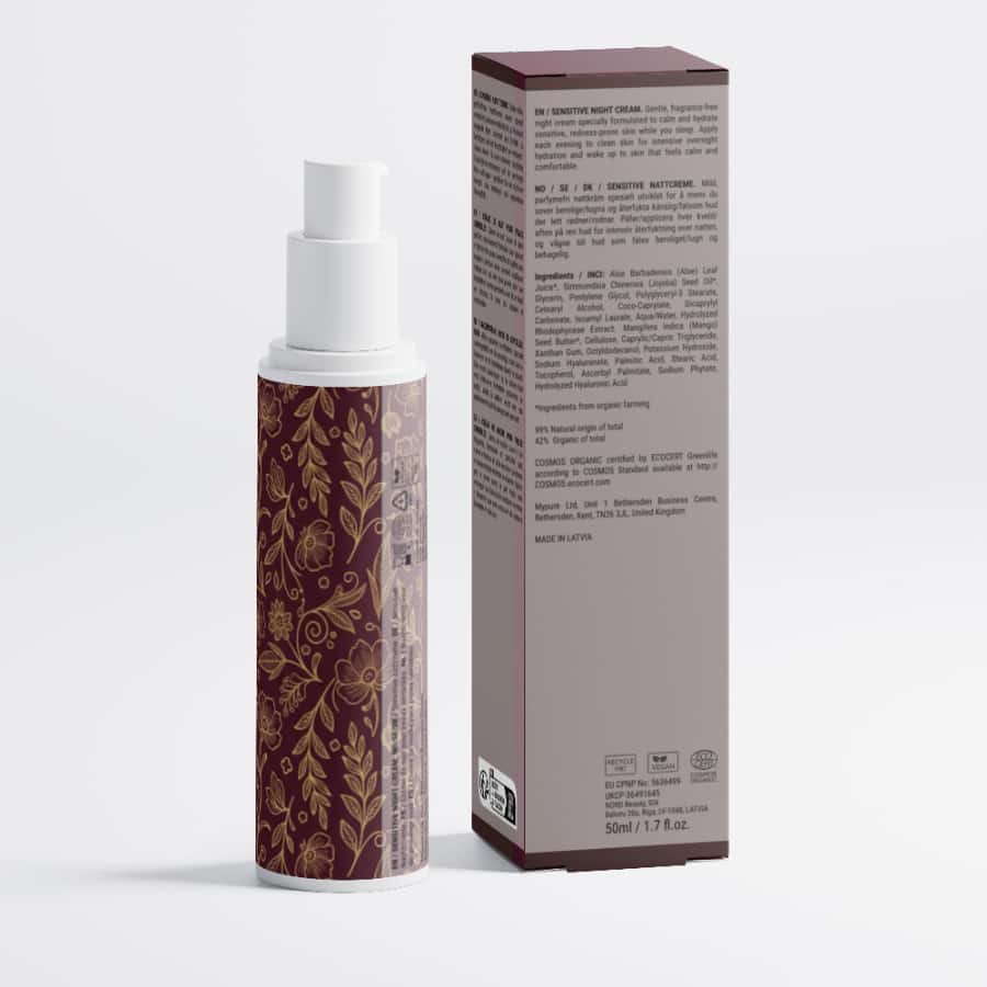 sensitive skin ouvernight cream AUREQ fragrance-free hypoallergenic night cream bottle and box for calming hydration