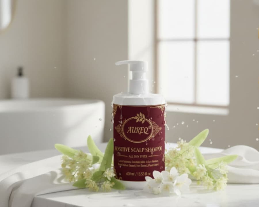 AUREQ Sensitive Scalp Shampoo - COSMOS Natural & ECOCERT certified, vegan gentle shampoo with white linden flowers in spa bathroom, 400ml
