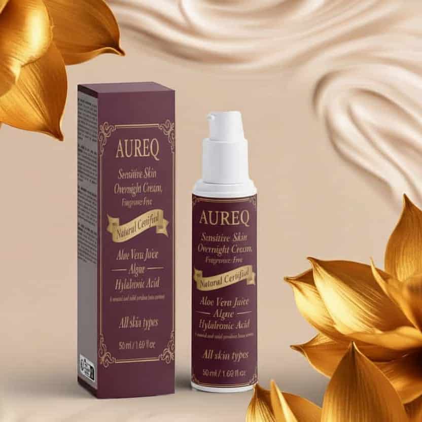 sensitive skin ouvernight cream AUREQ fragrance-free overnight cream bottle and box with aloe vera juice and hyaluronic acid