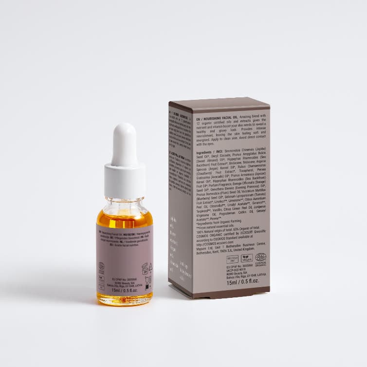 nourishing facial oil 30 ml dropper bottle with box, COSMOS Natural certified organic botanical face oil for normal to mature skin